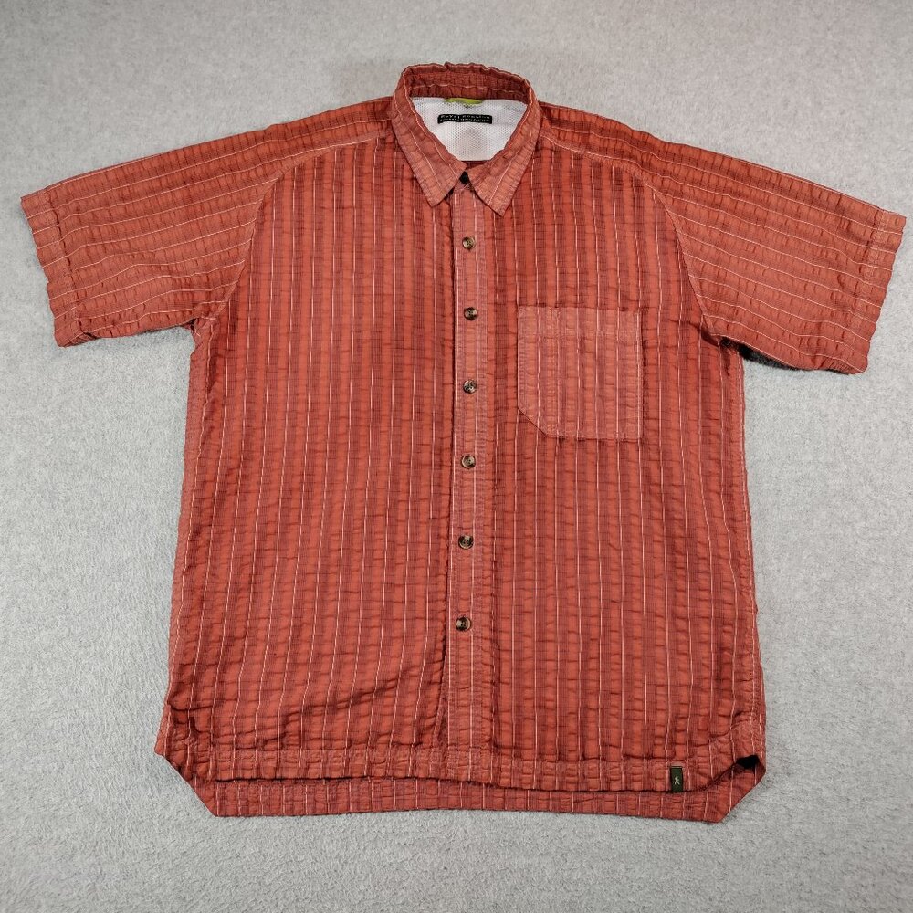 Royal Robbins Seersucker Shirt Mens Medium Orange Short Sleeve Button Up